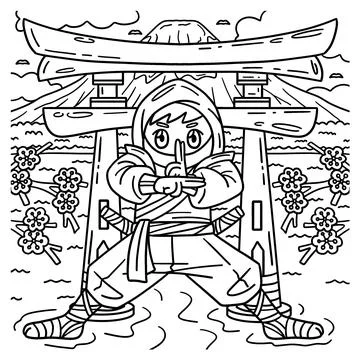 Ninja Standing in Front of a Torii Coloring Page Stock Illustration