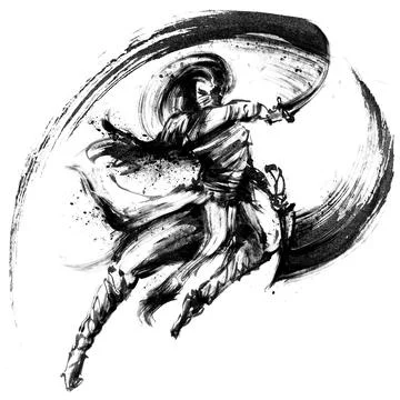 A ninja with two daggers in an epic jump pose, makes a cut with splashes in t Ilustración de archivo
