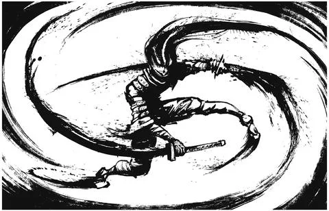 A ninja with two swords making circular cuts around himself leaving ink splas 스톡 일러스트