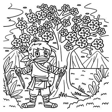 Ninja under Sakura Tree Coloring Page for Kids Illustrazione stock