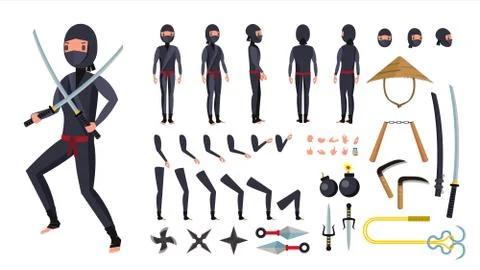 Ninja Vector. Animated Character Creation Set. Ninja Tools Set. Full Length Ilustración de archivo