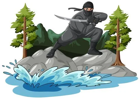 Ninja Warrior Crouching on Rocks with Katana Sword in Nature Stock Illustration