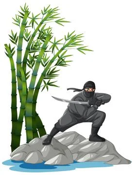 Ninja Warrior Crouching on Rocks with Sword Near Bamboo Forest Stock Illustration