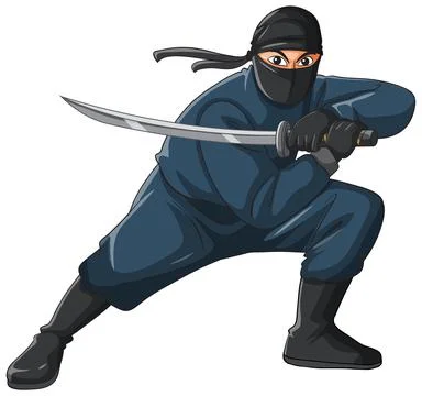 Ninja Warrior in Crouching Stance Holding a Sharp Katana Sword Stock Illustration