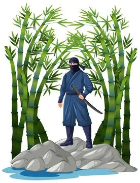 Ninja Warrior Standing with Katana Sword in a Bamboo Forest Stock Illustration