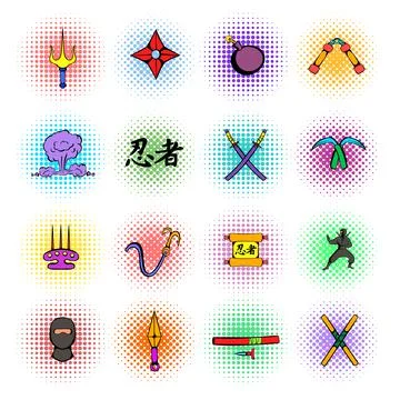 Ninja weapon icons set, comics style Stock-Illustration