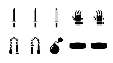 Ninja weapon set featuring katana swords metal claws and nunchaku black sil.. Stock Illustration