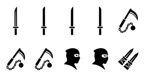Ninja weapons and masks vector icons for martial arts and stealth themes Stock Illustration