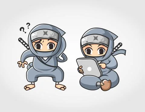 Ninja wonder and browsing with computer tablet mascot character vector Stock Illustration