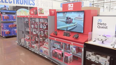 Nintendo Switch 2 demonstration area at big box store 4k Stockbeeldmateriaal 343439542