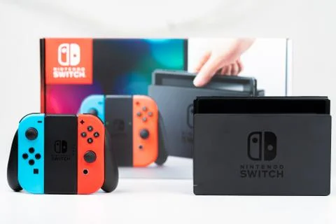 Nintendo Switch Box and control with display and stand Stock Photos