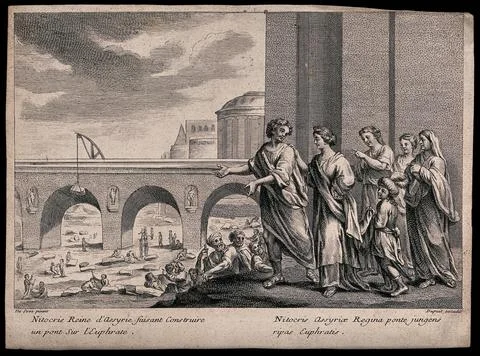 Nitocris, Queen of Babylon, supervising the building of a bridge over the R.. Ilustración de archivo