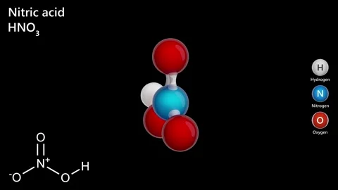 Nitric Acid. 3D model of a molecule. HNO3. Black background. 3D render Stock Footage 293049128