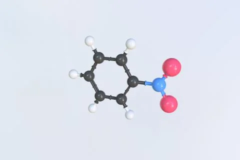 Nitrobenzene molecule, isolated molecular model. 3D rendering Stock Illustration