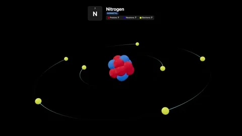 Nitrogen atom model showing nucleus with protons and neutrons and orbiting .. Stock Footage 333166071