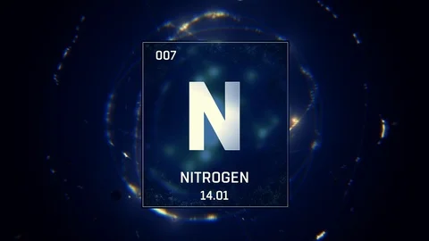 Nitrogen as Element 7 of the Periodic Table 3D animation on blue background Vídeo Stock 119216843