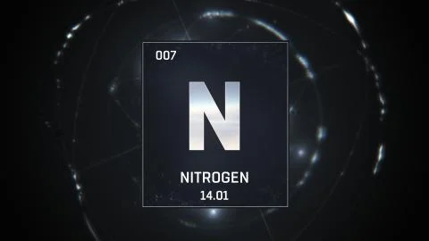 Nitrogen as Element 7 of the Periodic Table 3D animation on silver background Stock Illustration
