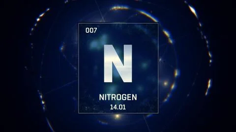 Nitrogen as Element 7 of the Periodic Table 3D animation on blue background Stock Illustration
