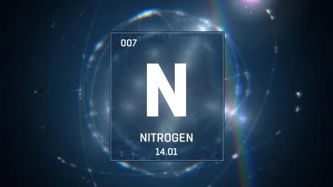 Nitrogen as Element 7 of the Periodic Table 3D animation on blue background Stock Illustration