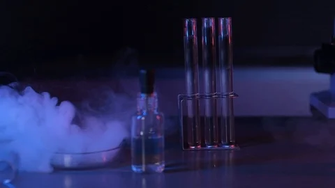 Nitrogen spreads on the table with laboratory equipment. Panoramic shooting Video stock 121301722