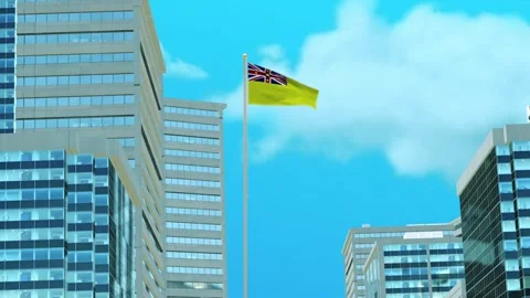 Niue Flag 3D Render Animation with Urban Architecture and Clear Blue Sky Video stock 332887974