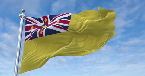 Niue flag with flagpole waving in rolling clouds looping, 4K Perfect Loop 库存影片 279610780