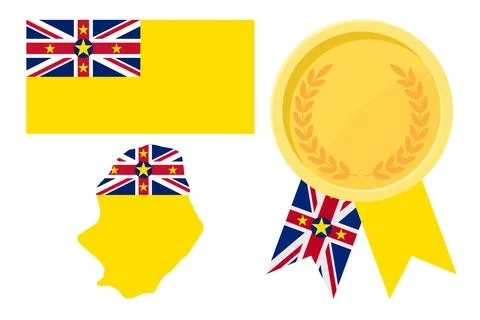 Niue flag with map and gold medal in set for web and banners or app and games Stock Illustration