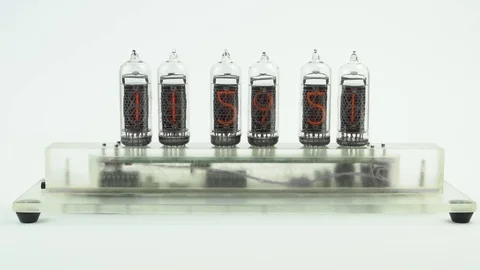 Nixie clock noon, midnight. Stock Footage 72574536