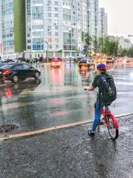 Nizhnevartovsk, Russia-June 5, 2019: boy on bike waiting for green traffic light Stock Photos