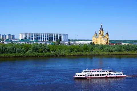 NIZHNY NOVGOROD, Russia - May 26, 2018. Stadium and Alexander Nevsky Cathedral Stock Photos
