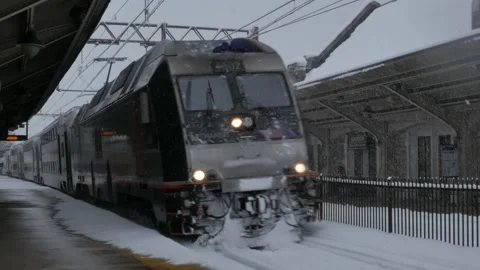 NJ Transit Commuter Train Arrives on Suburban Station in New Jersey (WINTER) Stock Footage