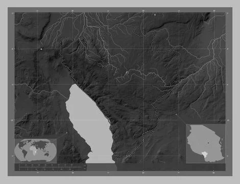 Njombe, Tanzania. Grayscale elevation map with lakes and rivers Stock Illustration
