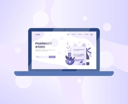 Nline pharmacy web banner on computer or laptop. Stock Illustration