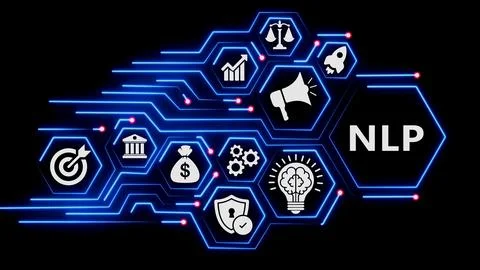 NLP abstract concept with connected icons and neon. Stockillustratie
