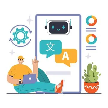 NLP in Action concept. A tech-savvy individual interacts with an advanced Stockillustratie