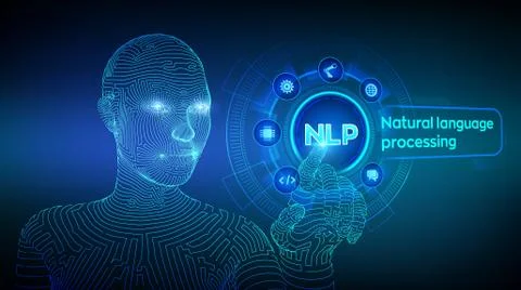 NLP. Natural language processing cognitive computing technology concept on vi 库存插图