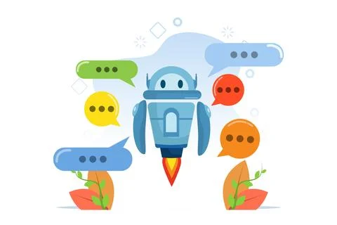 NLP neural language processing, smart robot talking with speech bubbles. Illustrazione stock