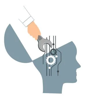 NLP or Neuro-Linguistic Programming concept. Open Human Head and a Hand with Stock Illustration