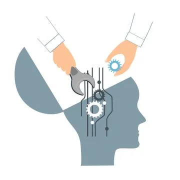 NLP or Neuro-Linguistic Programming concept. Open Human Head and a Hand with Stock Illustration