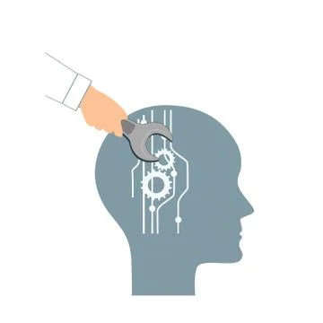 NLP or Neuro-Linguistic Programming concept. Open Human Head and a Hand with 库存插图
