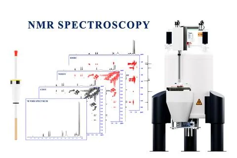 NMR Spectroscopy Instrument with Sample Tube and Chemical Analysis Spectra. Stock Illustration