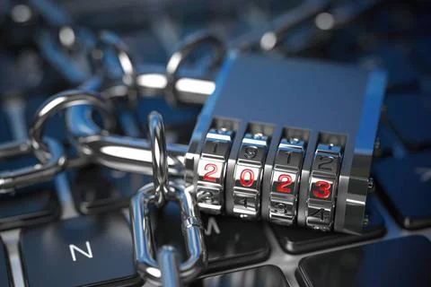 NNew Year 2023 code lock. on computer keyboard.. Cyber security and intern... Foto stock