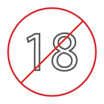 No 18 plus thin line icon, prohibited and ban, age restriction sign, vector Illustrazione stock