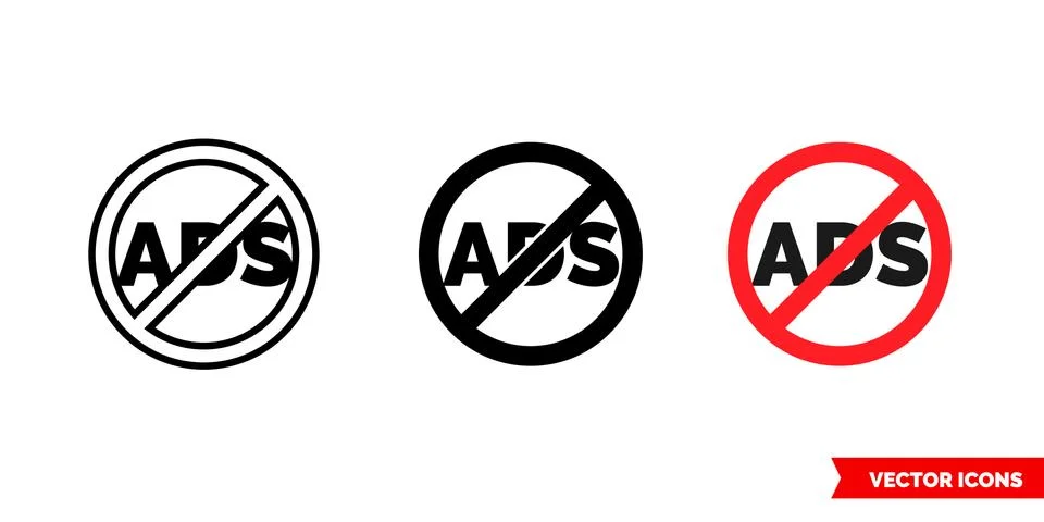 No ads icon of 3 types color, black and white, outline. Isolated vector sign Stock Illustration