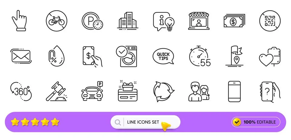 No alcohol, Qr code and Click hand line icons for web app. Pictogram icon. Line Illustrazione stock