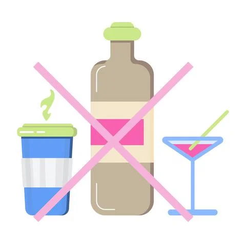 No alcohol sign concept vector. No coffee and no junk food in heath life. Diet 스톡 일러스트