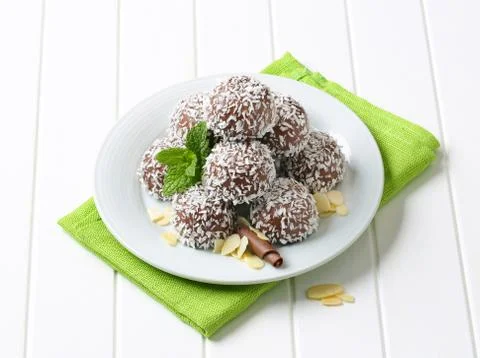 No-bake chocolate snowball cookies rolled in coconut Stock Photos