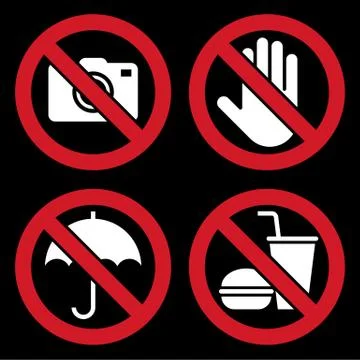 No camera, Do not touch, Umbrella not allowed, No food and drink sign Stock Illustration