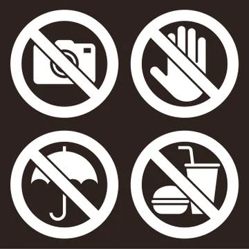 No camera, Do not touch, Umbrella not allowed, No food and drink sign Stock Illustration