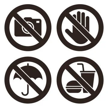 No camera, Do not touch, Umbrella not allowed, No food and drink sign Stock Illustration